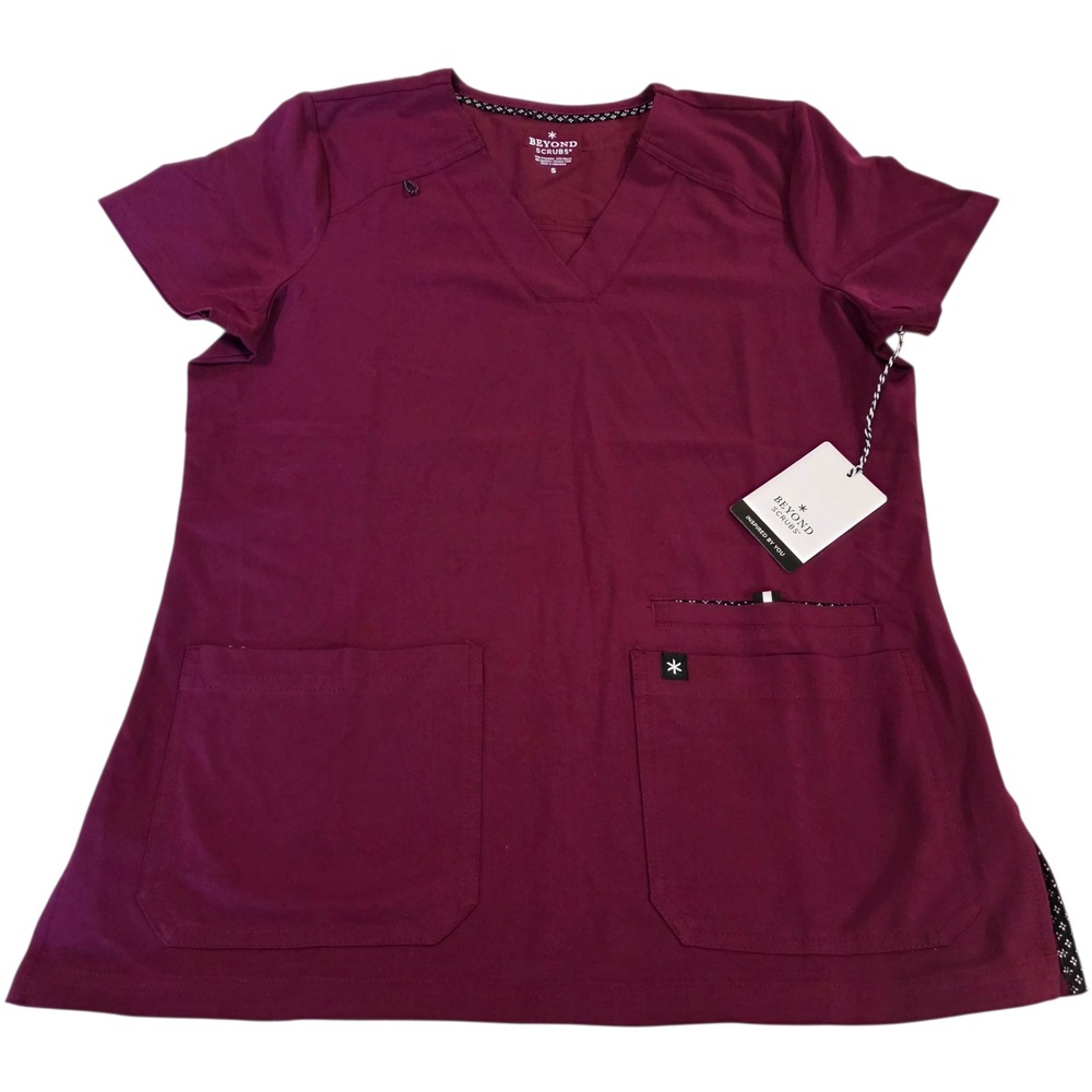 Beyond Scrubs Top Womens Wine Red S Sunny V Neck Short Sleeve Pocket Twill Comfy